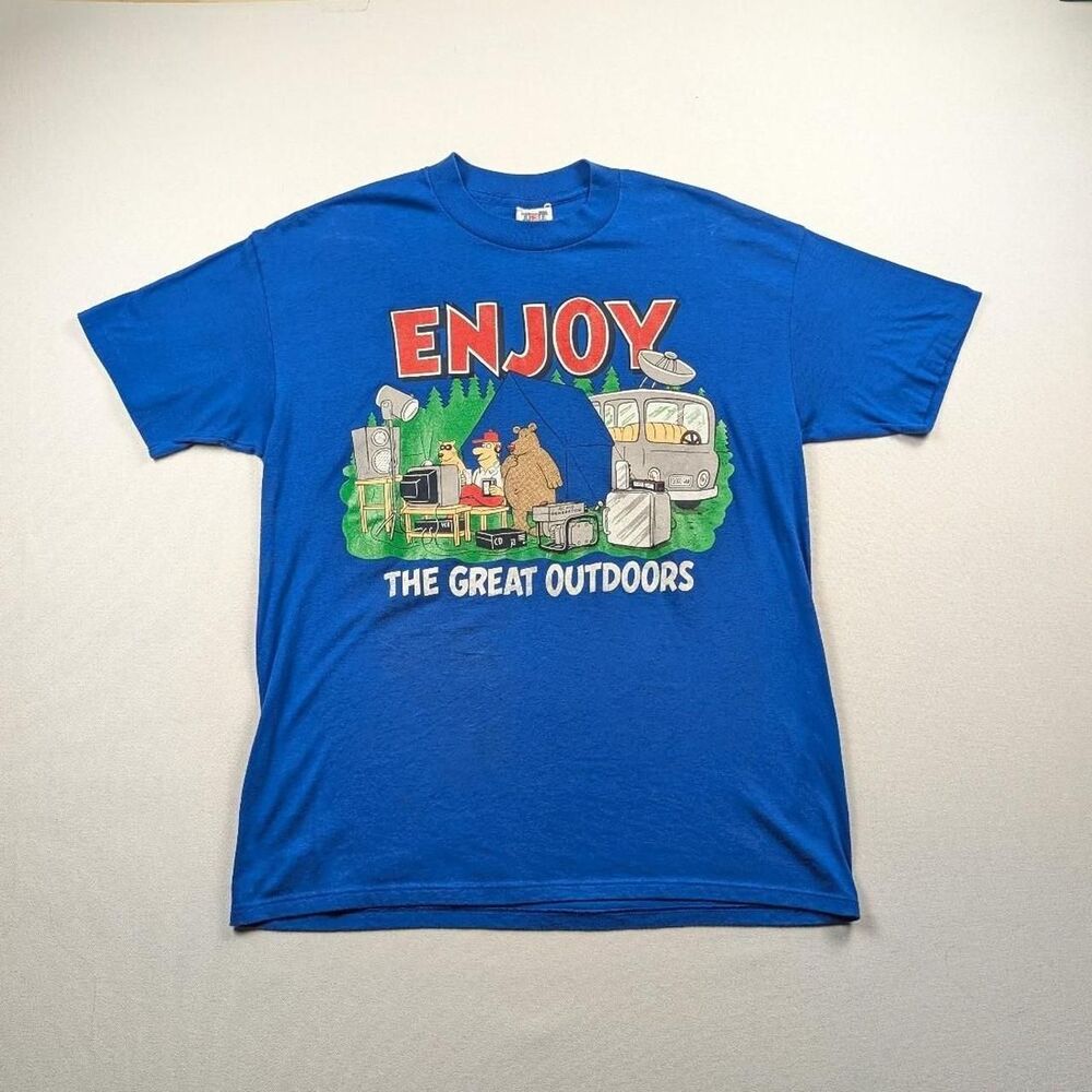 Vintage Retro 90s Outdoor Camping Cartoon Graphic Tshirt Blue TNT XL
